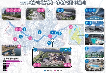 총 38개 경기시설(베뉴) : 서울 24, 경기 7, 인천 5, 부산/강원 1